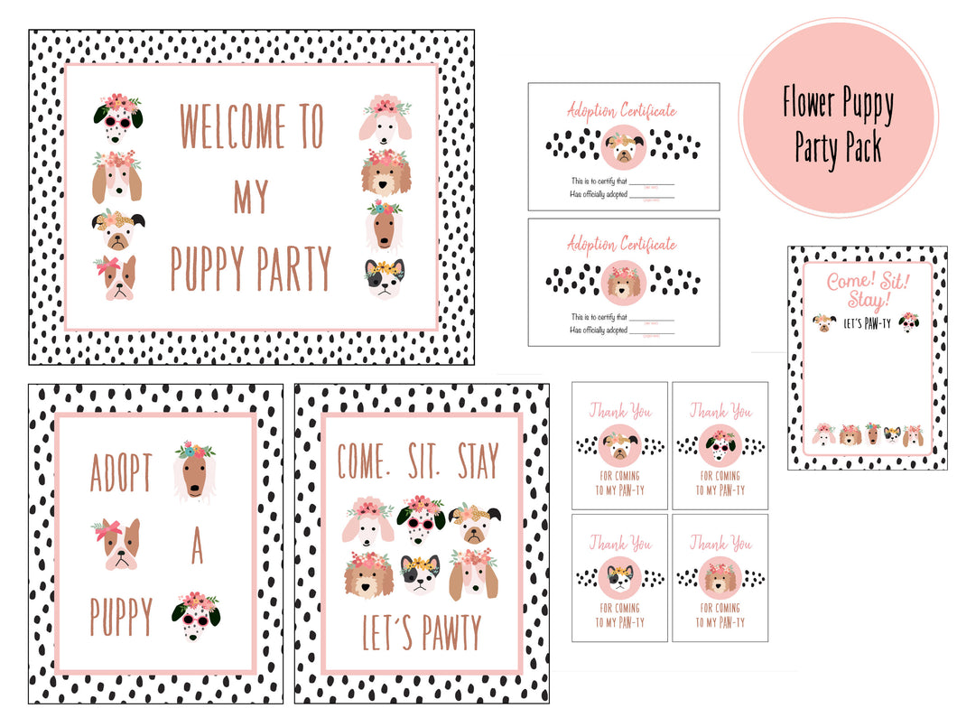 PUPPY PARTY AND POSTER COLLECTION - Original puppies with flowers & dots