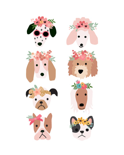 Puppy Dog Faces With Flower Crowns Posters - for party and wall decor