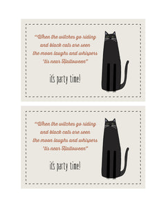 Vintage Halloween Party Invitations with pumpkin, ghost, moon, and black cat