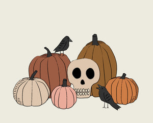 Vintage Halloween Skull, Pumpkins and Crows Wall art