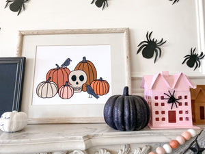 Vintage Halloween Skull, Pumpkins and Crows Wall art