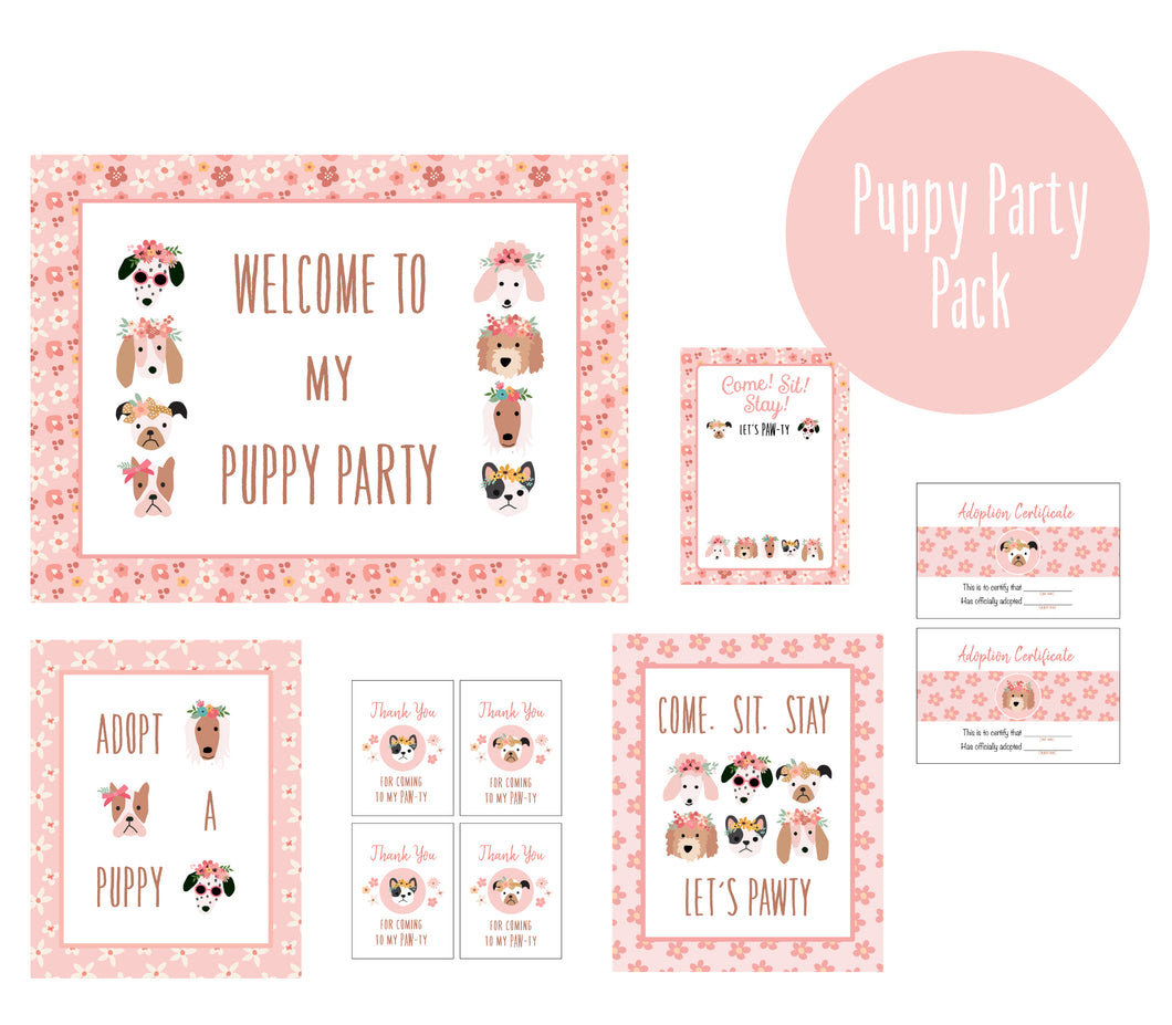 PUPPY PARTY AND POSTER COLLECTION - Original flower puppies with pink flowers